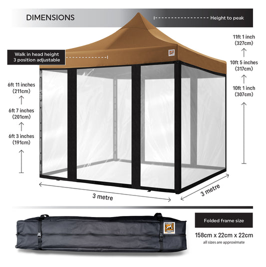 Gorilla Gazebo 3m x 3m Pop-Up Gazebo Beige with Four Clear PVC Sides,