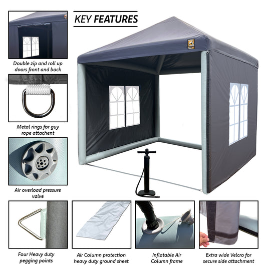 Gorilla Gazebo INFLATABLE 3x3m Pop-Up Gazebo, Pump, Four Sides, Peg and Guy Ropes