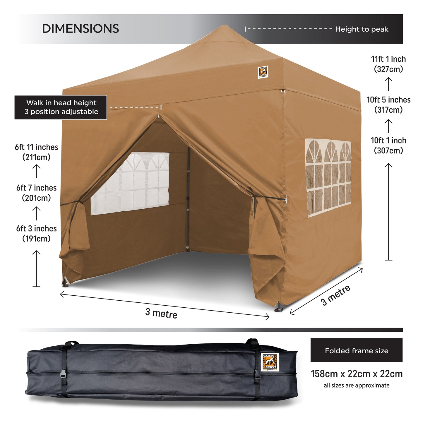 Gorilla Gazebo 3m x 3m Pop-Up Gazebo Beige with Four Sides