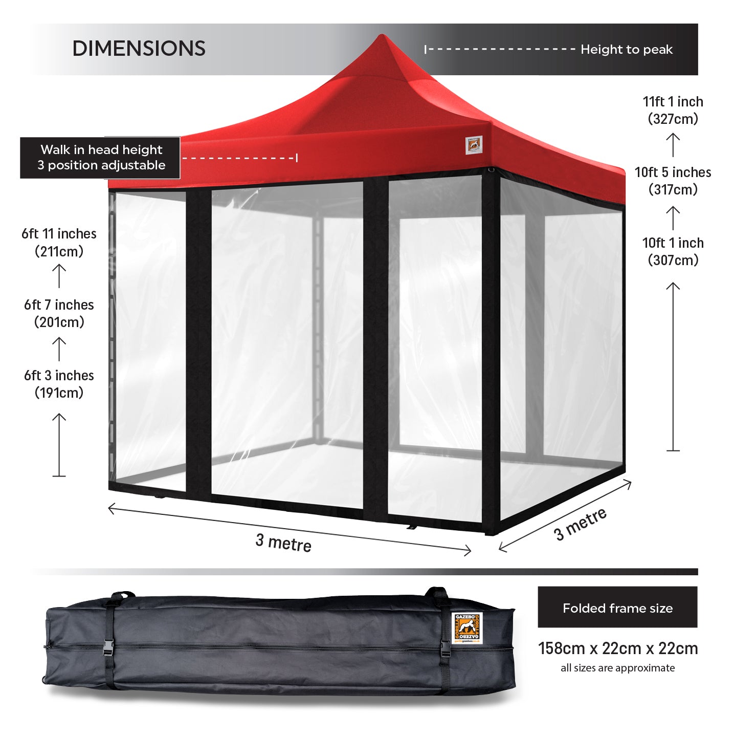 Gorilla Gazebo 3m x 3m Pop-Up Gazebo Red with Four Clear PVC Sides