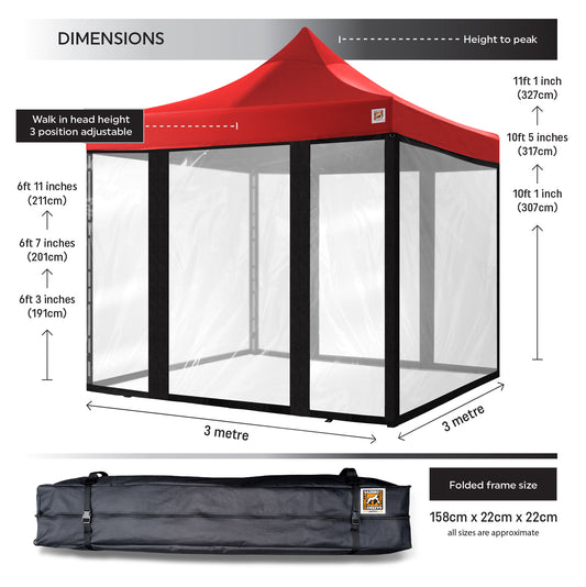 Gorilla Gazebo 3m x 3m Pop-Up Gazebo Red with Four Clear PVC Sides