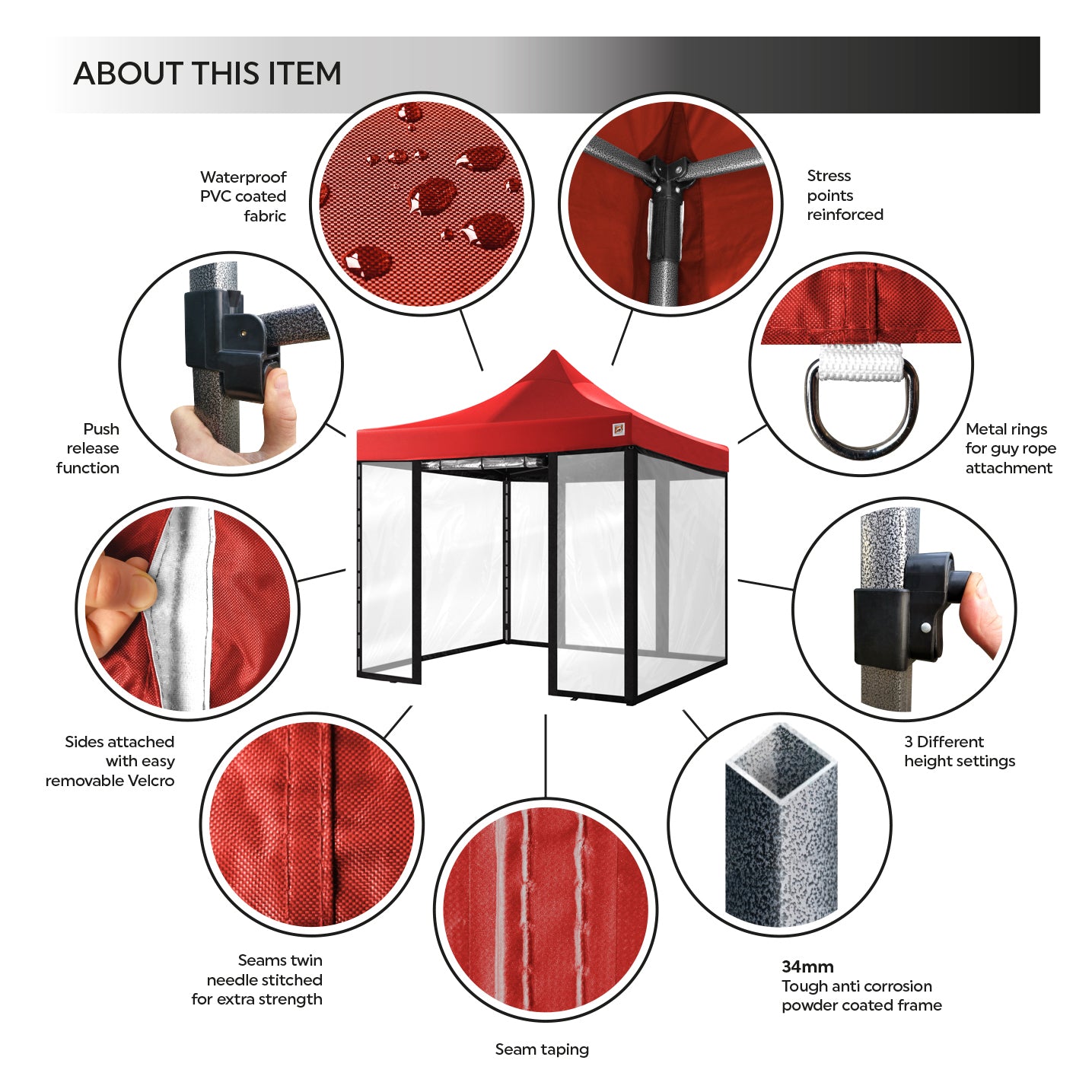 Gorilla Gazebo 3m x 3m Pop-Up Gazebo Red with Four Clear PVC Sides