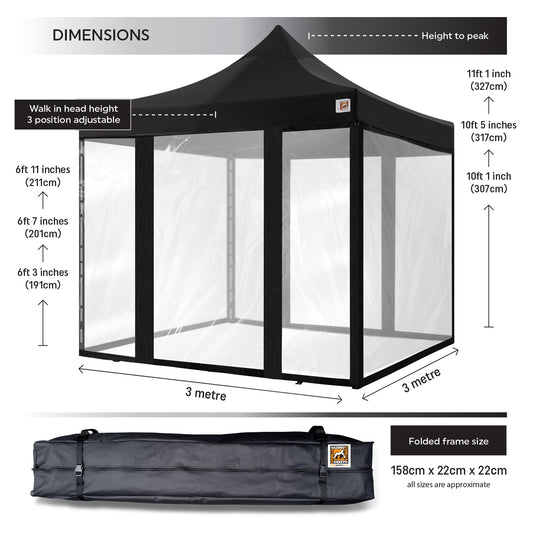 Gorilla Gazebo 3m x 3m Pop-Up Gazebo Black with Four Clear PVC Sides