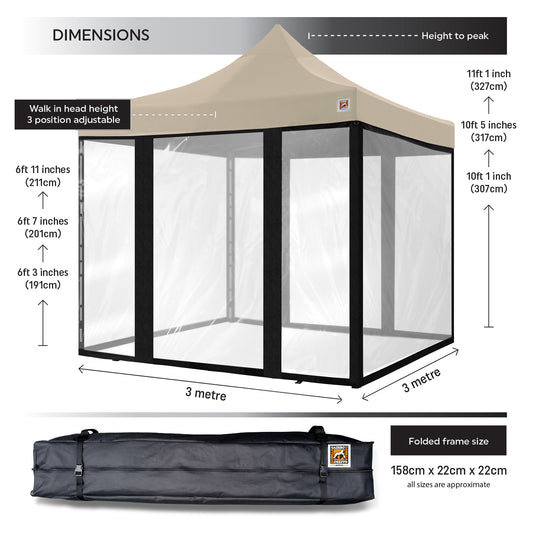 Gorilla Gazebo 3m x 3m Pop-Up Gazebo Cream with Four Clear PVC Sides