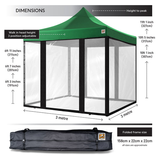Gorilla Gazebo 3m x 3m Pop-Up Gazebo Green with Four Clear PVC Sides