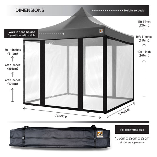 Gorilla Gazebo 3m x 3m Pop-Up Gazebo Grey with Four Clear PVC Sides