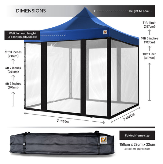 Gorilla Gazebo 3m x 3m Pop-Up Gazebo Blue with Four Clear PVC Sides