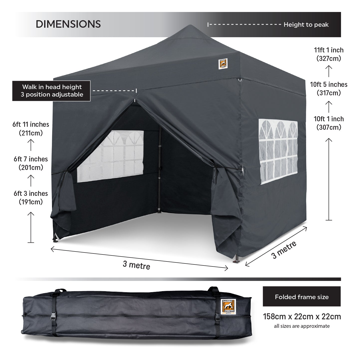 Gorilla Gazebo 3m x 3m Pop-Up Gazebo Grey with Four Sides