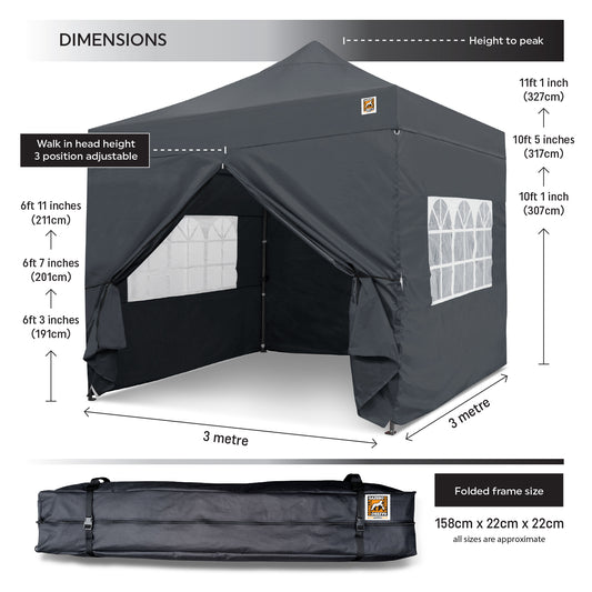 Gorilla Gazebo 3m x 3m Pop-Up Gazebo Grey with Four Sides