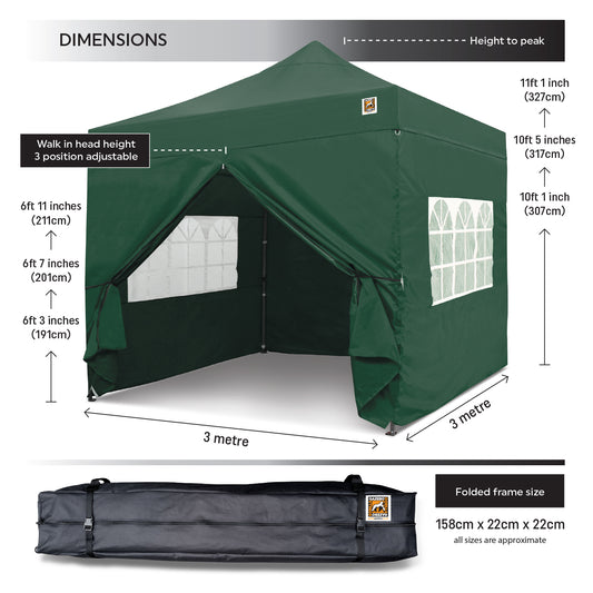 Gorilla Gazebo 3m x 3m Pop-Up Gazebo Green with Four Sides