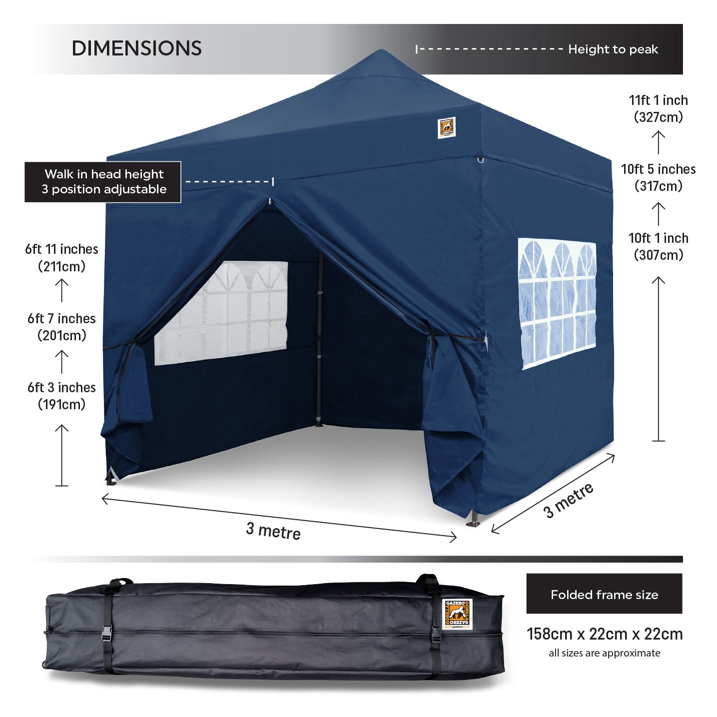 Gorilla Gazebo 3m x 3m Pop-Up Gazebo Blue with Four Sides