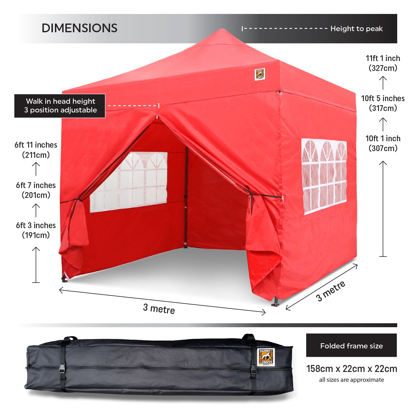 Gorilla Gazebo 3m x 3m Pop-Up Gazebo Red with Four Sides