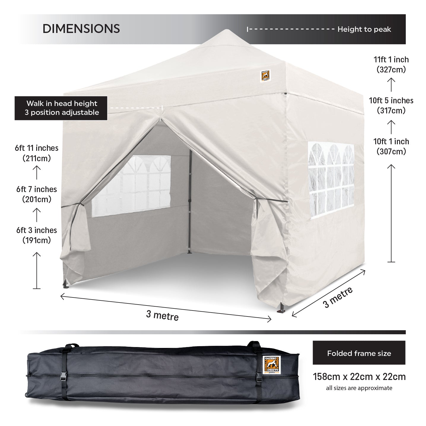 Gorilla Gazebo 3m x 3m Pop-Up Gazebo White with Four Sides