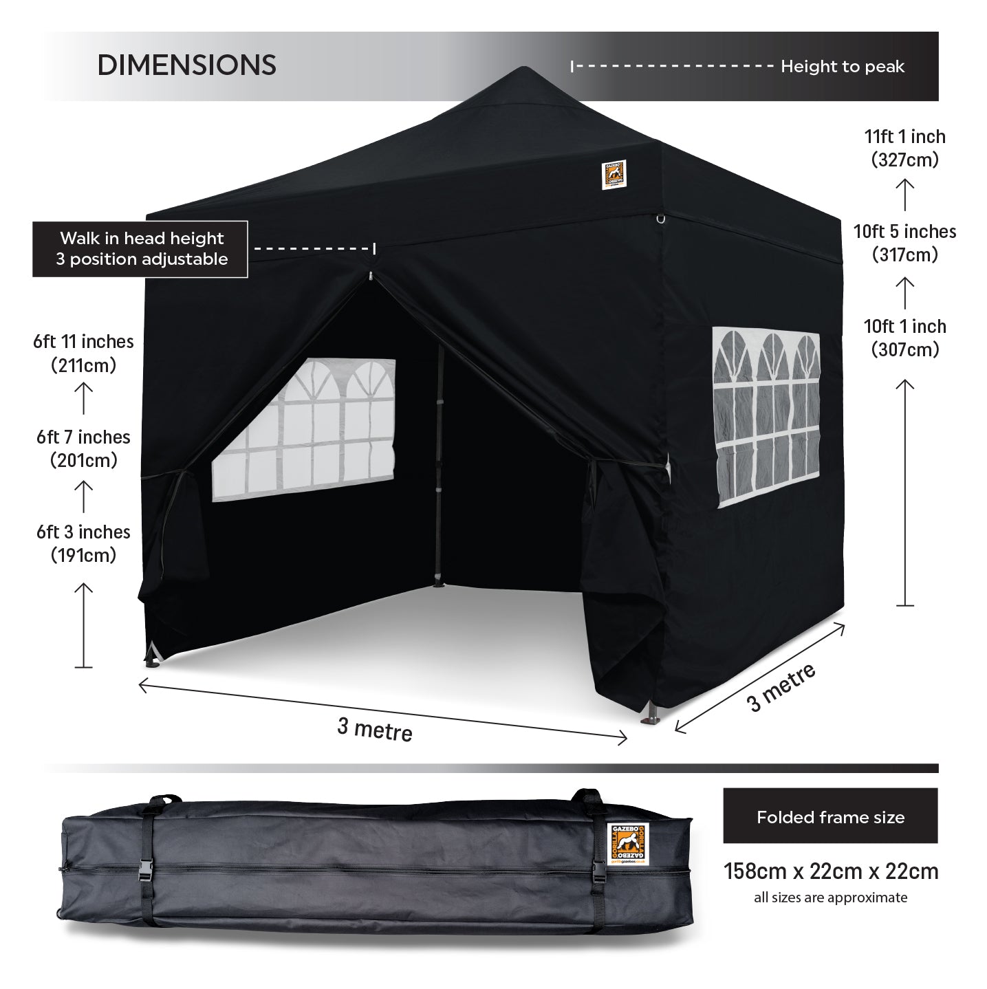 Gorilla Gazebo 3m x 3m Pop-Up Gazebo Black with Four Sides