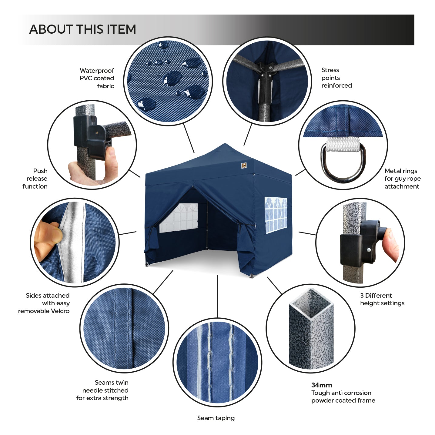 Gorilla Gazebo 3m x 3m Pop-Up Gazebo Blue with Four Sides