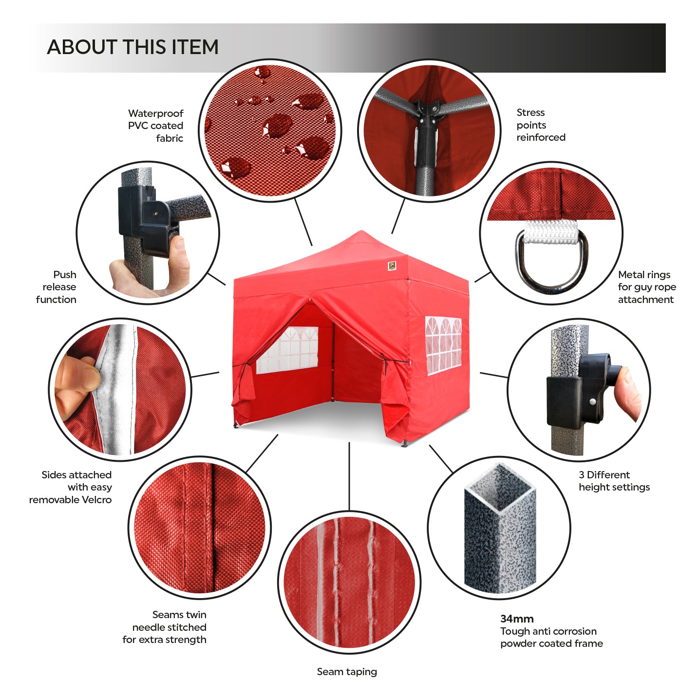 Gorilla Gazebo 3m x 3m Pop-Up Gazebo Red with Four Sides
