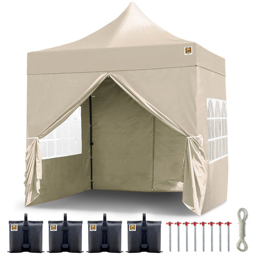 Gorilla Gazebo 2.5m x 2.5m Pop-Up Gazebo in Cream with Four Sides, Leg Weights, Wheeled Carrybag, Rope & Peg Set