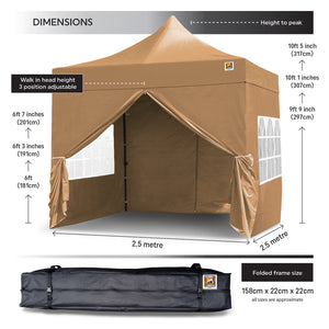 Gorilla Gazebo 2.5m x 2.5m Pop-Up Gazebo in Beige with Four Sides, Leg Weight Bags and Wheeled Carrybag