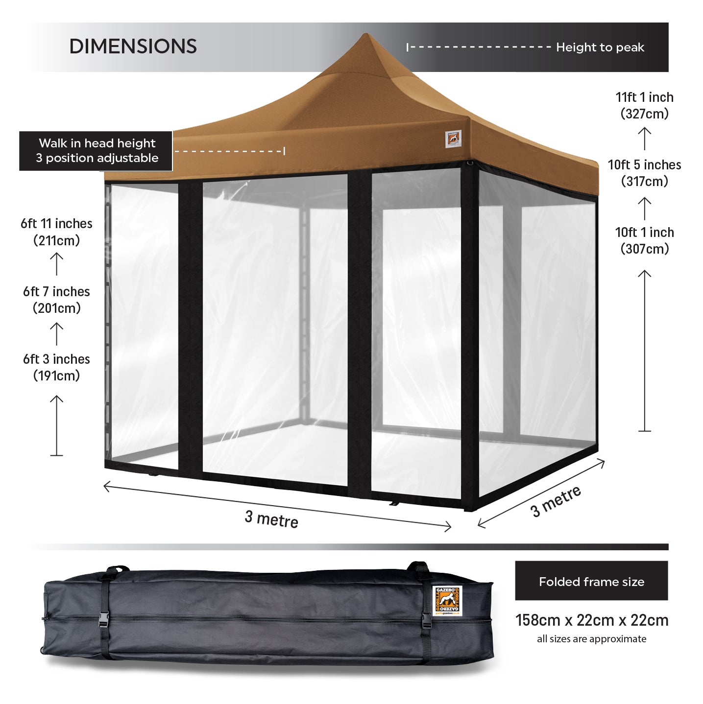 Gorilla Gazebo 3m x 3m Pop-Up Gazebo Beige with Four Clear PVC Sides,