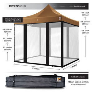 Gorilla Gazebo 3m x 3m Pop-Up Gazebo Beige with Four Clear PVC Sides, Leg Weights, Wheeled Carrybag, Peg and Guy Ropes
