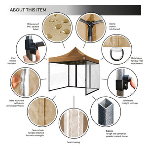 Gorilla Gazebo 3m x 3m Pop-Up Gazebo Beige with Four Clear PVC Sides, Leg Weights, Wheeled Carrybag, Peg and Guy Ropes