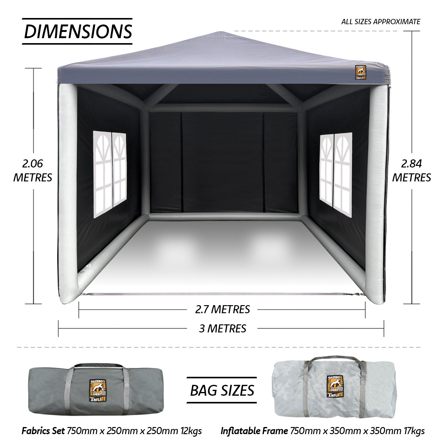 Gorilla Gazebo INFLATABLE Heavy Duty 3x3m Pop-Up Gazebo, 12v Electric Pump, Four Sides
