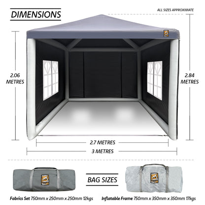 Gorilla Gazebo INFLATABLE Heavy Duty 3x3m Pop-Up Gazebo, 12v Electric Pump, Four Sides