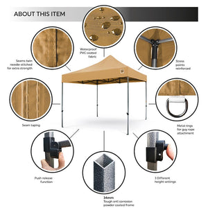 Gorilla Gazebo 3m x 3m Pop-Up Gazebo No Sides, Leg Weights, Wheeled Carrybag, Peg and Guy Ropes - Beige