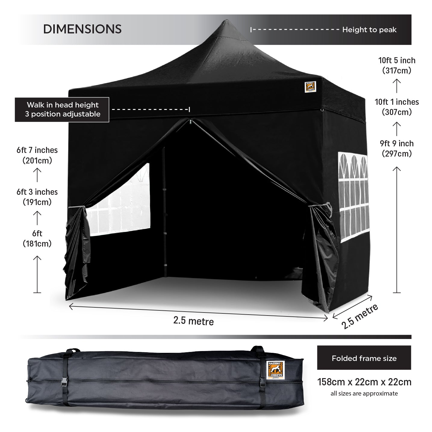 Gorilla Gazebo 2.5m x 2.5m Pop-Up Gazebo - Black