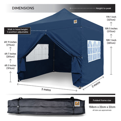Gorilla Gazebo 3m x 3m Pop-Up Gazebo Blue with Four Sides