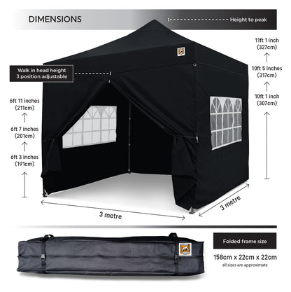 Gorilla Gazebo 3m x 3m Pop-Up Gazebo Black with Four Sides